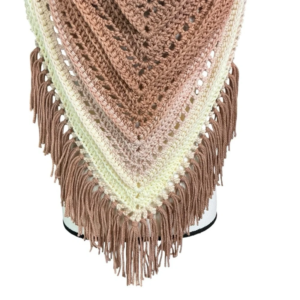 Hand Crafted‎ Crochet Turtle Neck Scarf in Beige and Cream with Fringe